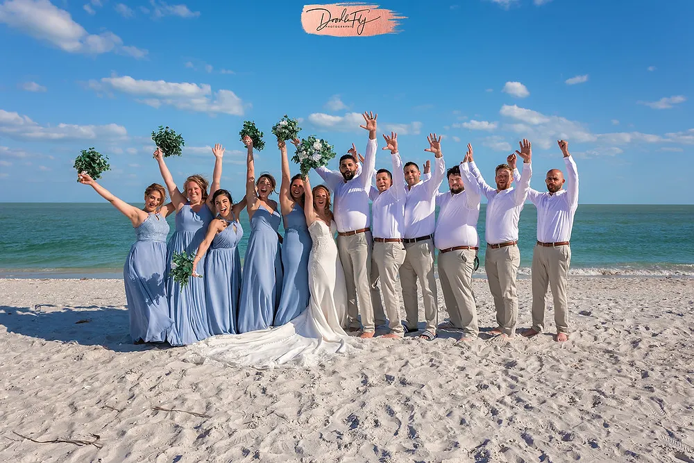 Wedding Party On Beach after Ceremony, 2021 Wedding Sundial Resort, Sanibel Florida Wedding, Doodle Fly Photography Beach Wedding SWFL