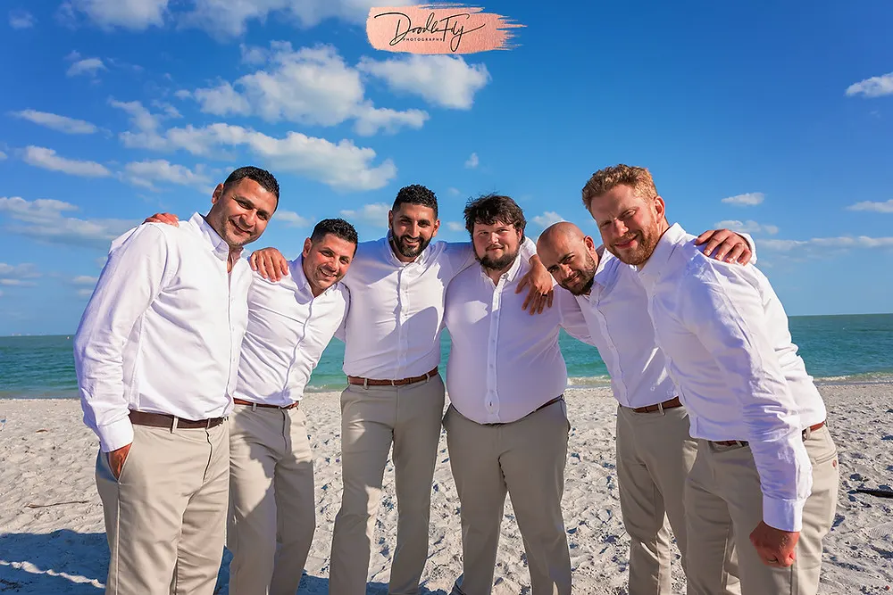 Wedding Party On Beach after Ceremony, 2021 Wedding Sundial Resort, Sanibel Florida Wedding, Doodle Fly Photography Beach Wedding SWFL