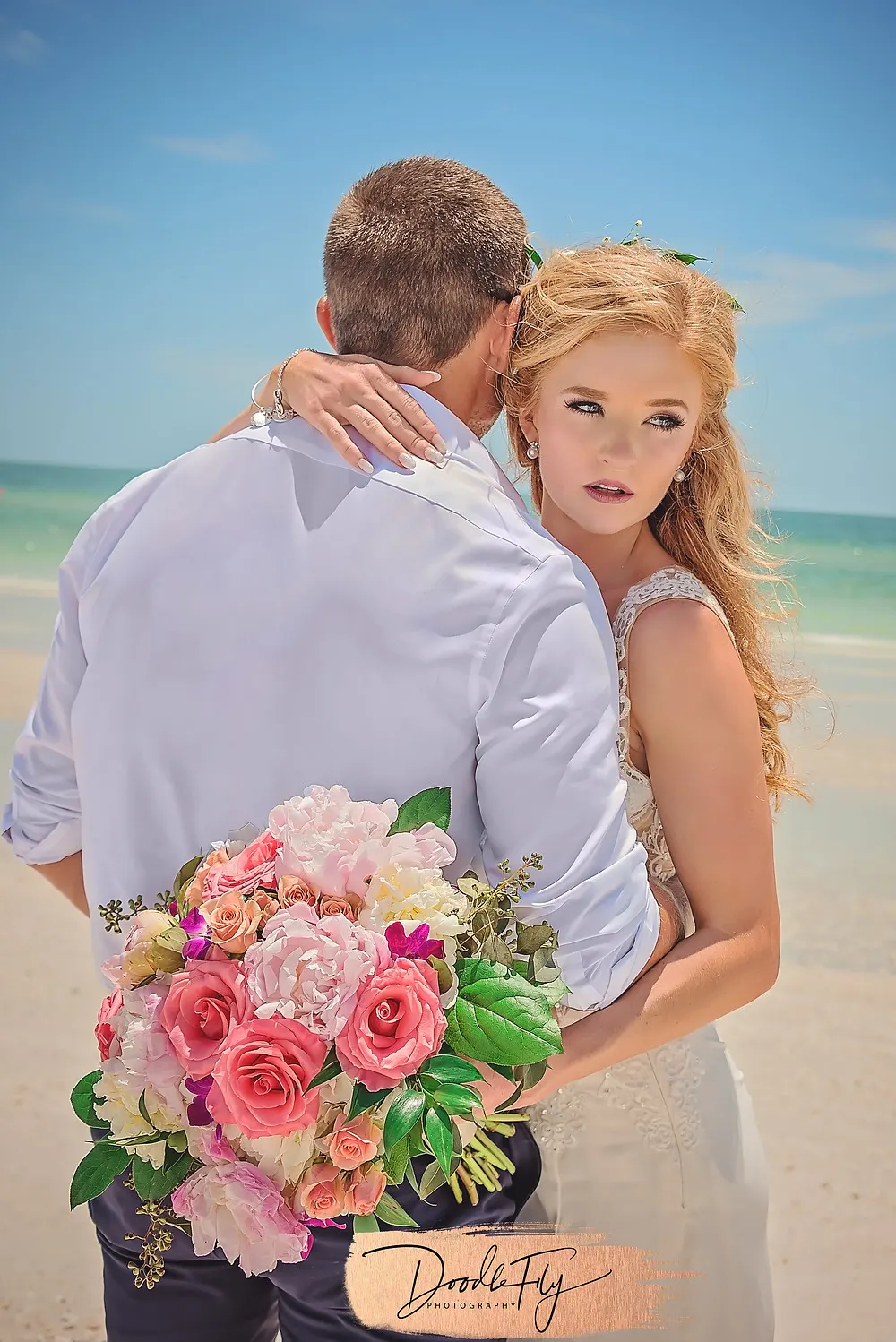 Bride & Groom Portrait, Beach Wedding,  by Doodle Fly Photography